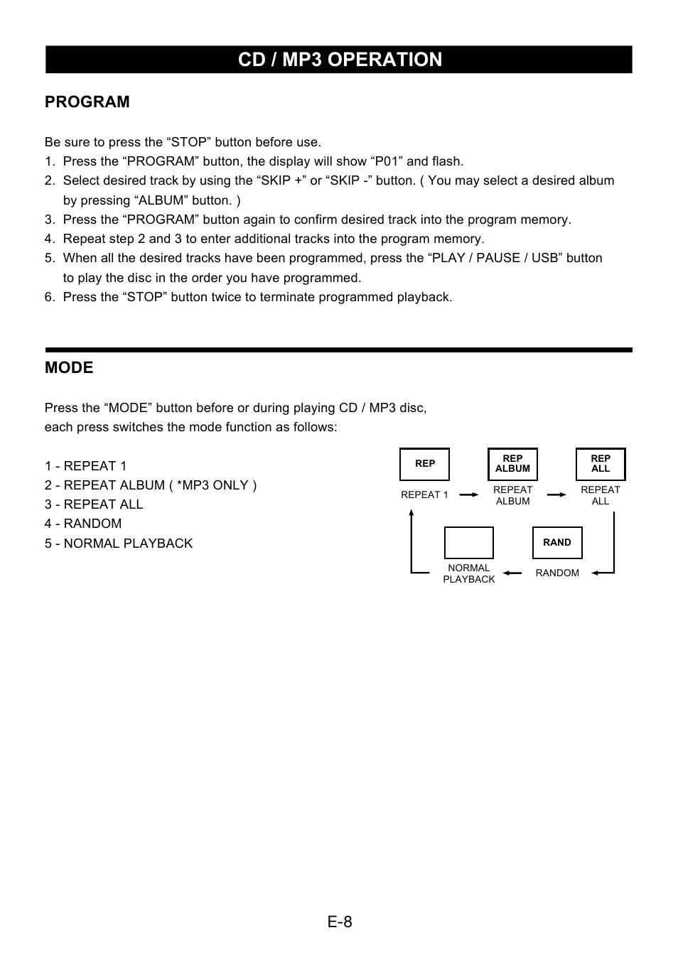 Cd / mp3 operation, Mode, E-8 program | Lenco SCR-96 User Manual | Page 9 / 63