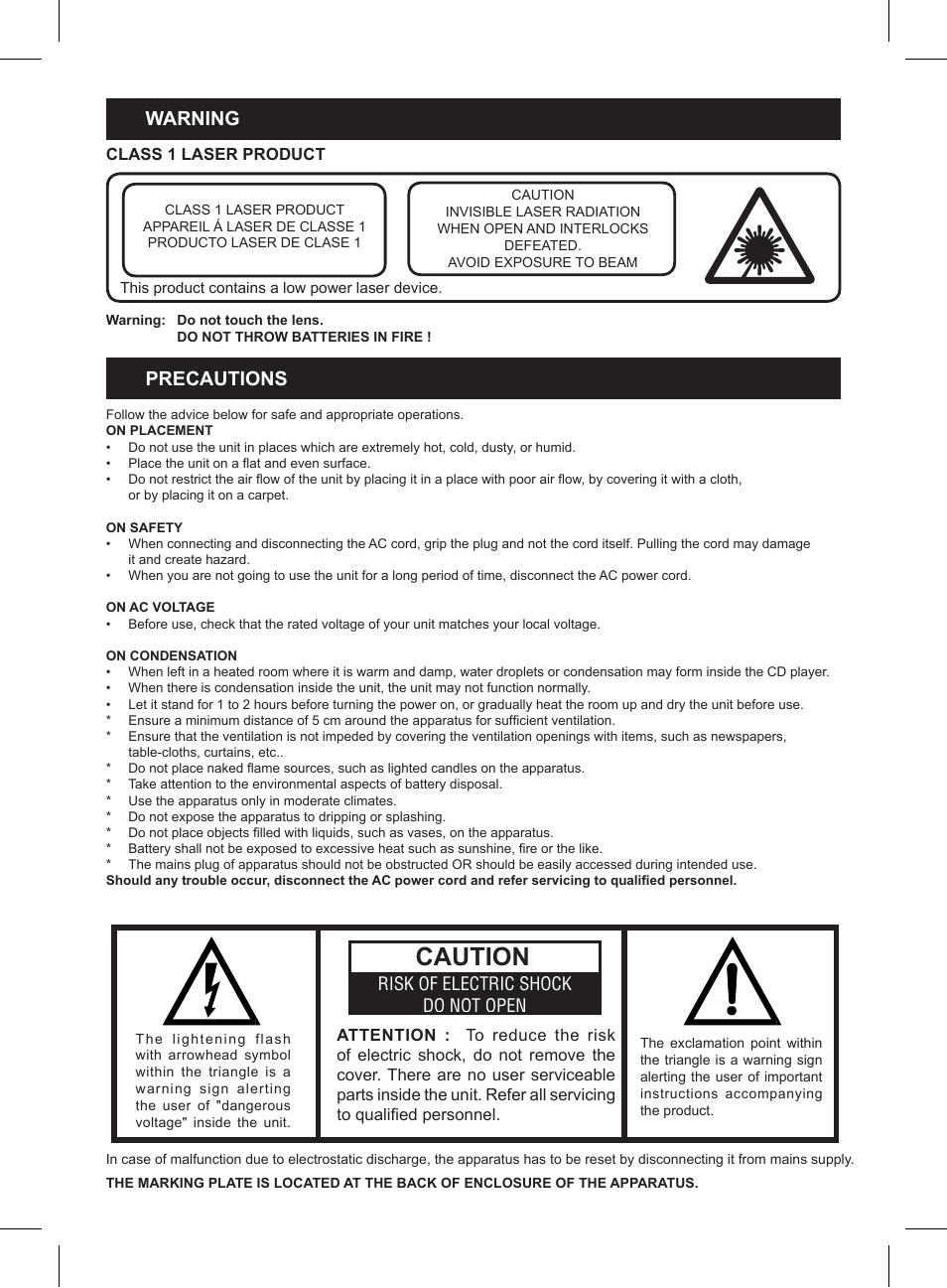 Caution, Warning, Precautions | Risk of electric shock do not open | Lenco SCR-97 MP3 KIDS User Manual | Page 2 / 8