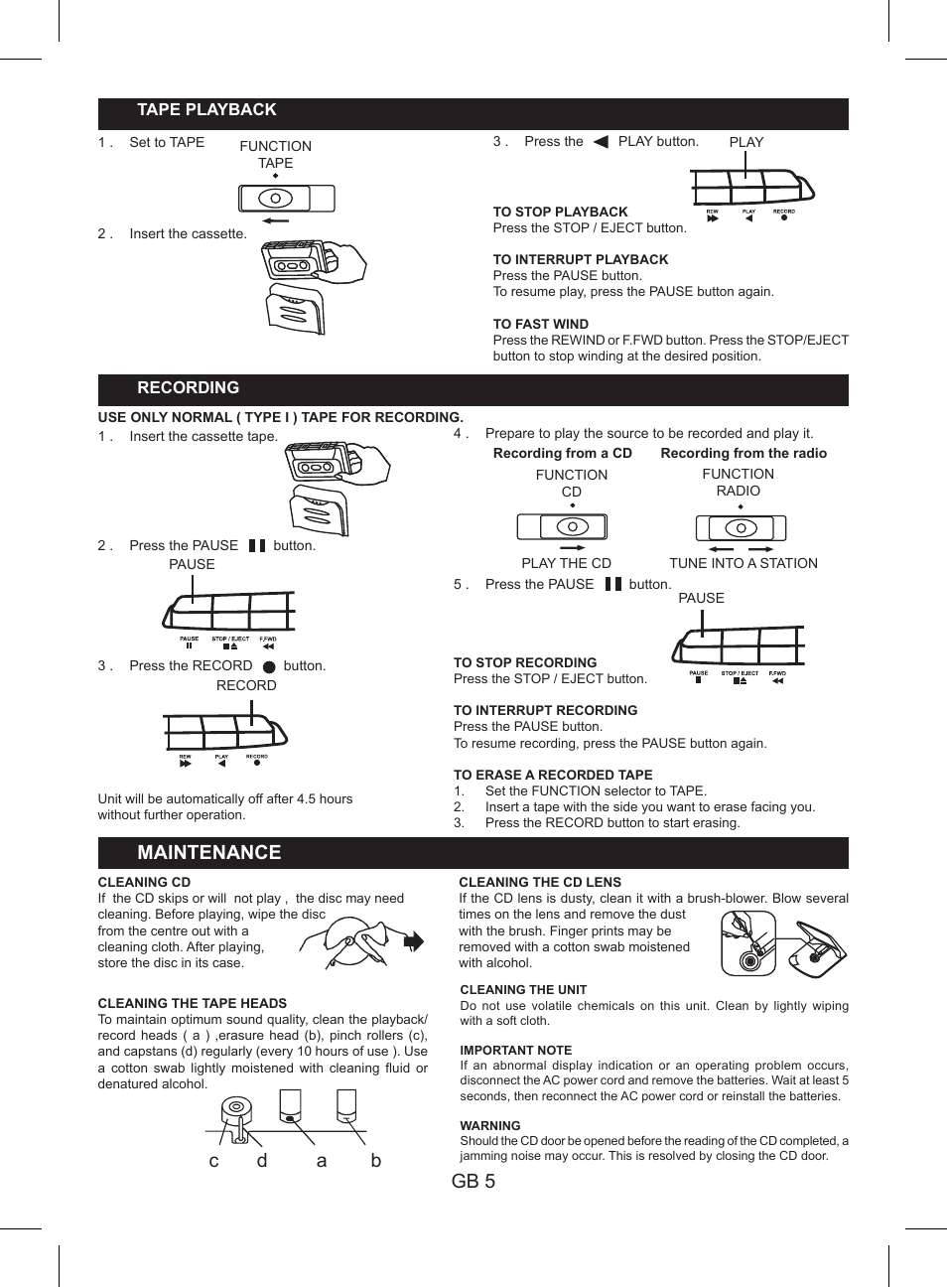 Gb 5, C d a b, Maintenance | Lenco SCR-97 MP3 KIDS User Manual | Page 7 / 8