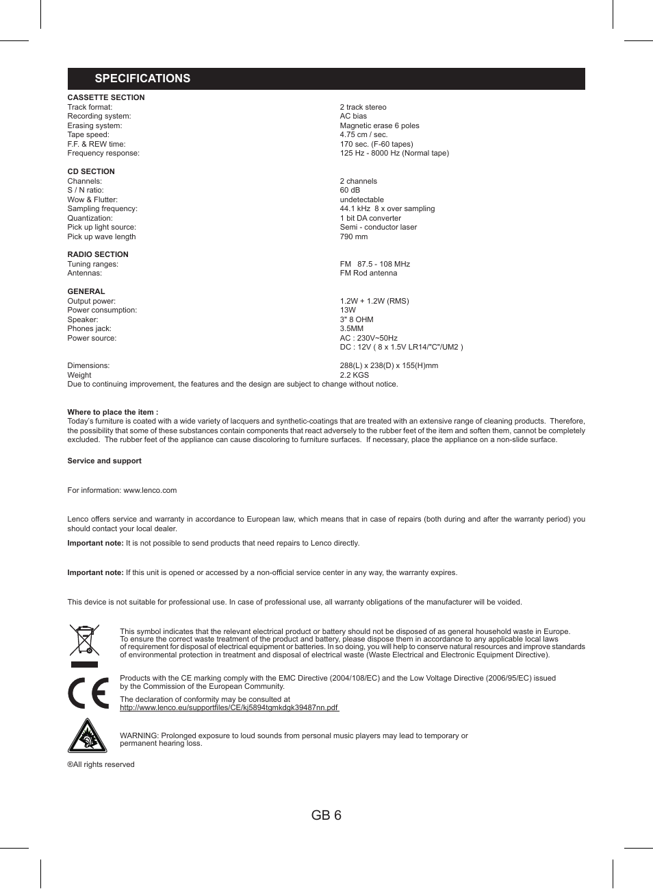 Gb 6, Specifications | Lenco SCR-97 MP3 KIDS User Manual | Page 8 / 8