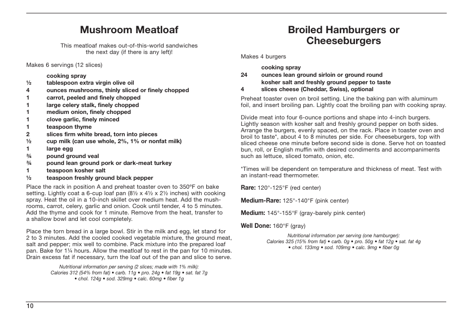 Mushroom meatloaf, Broiled hamburgers or cheeseburgers | Cuisinart TOB-50 User Manual | Page 12 / 25