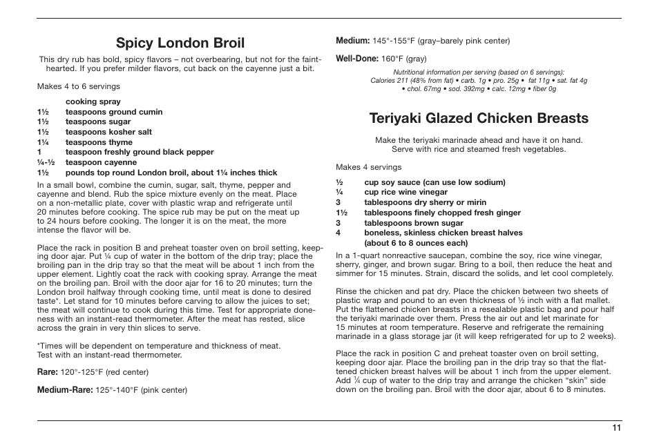 Spicy london broil, Teriyaki glazed chicken breasts | Cuisinart TOB-50 User Manual | Page 13 / 25