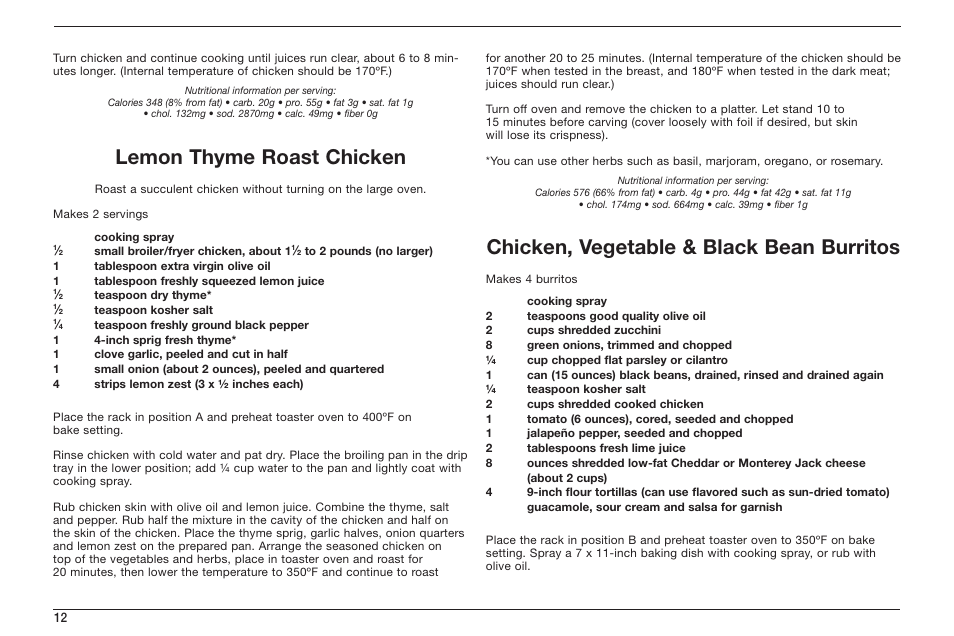 Lemon thyme roast chicken, Chicken, vegetable & black bean burritos | Cuisinart TOB-50 User Manual | Page 14 / 25