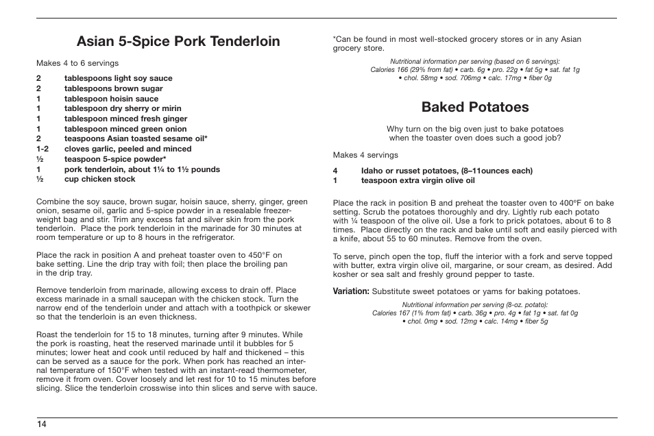 Asian 5-spice pork tenderloin, Baked potatoes | Cuisinart TOB-50 User Manual | Page 16 / 25