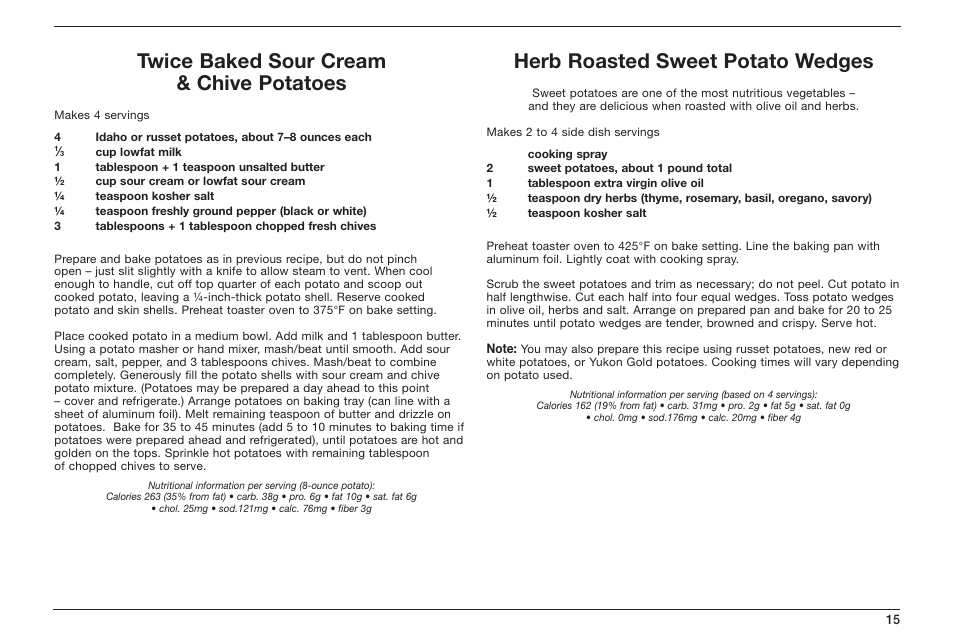 Twice baked sour cream & chive potatoes, Herb roasted sweet potato wedges | Cuisinart TOB-50 User Manual | Page 17 / 25