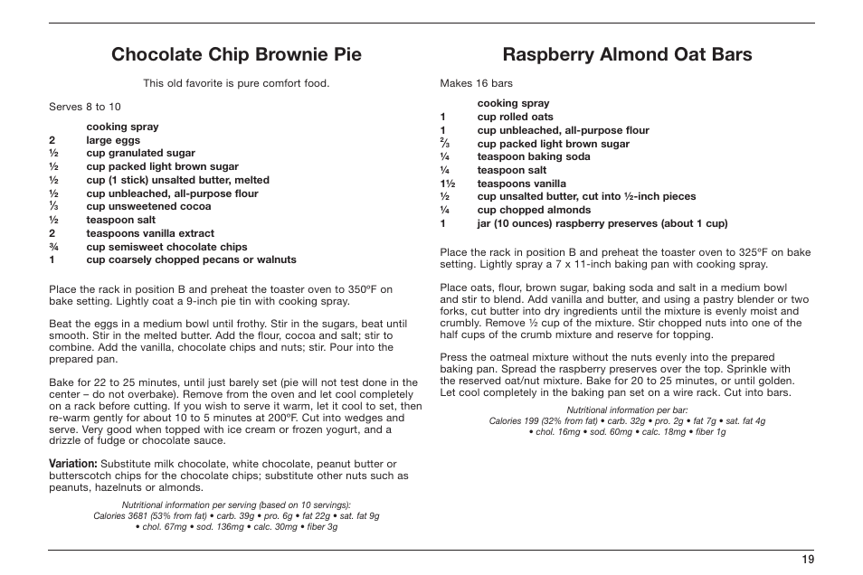 Chocolate chip brownie pie, Raspberry almond oat bars | Cuisinart TOB-50 User Manual | Page 21 / 25