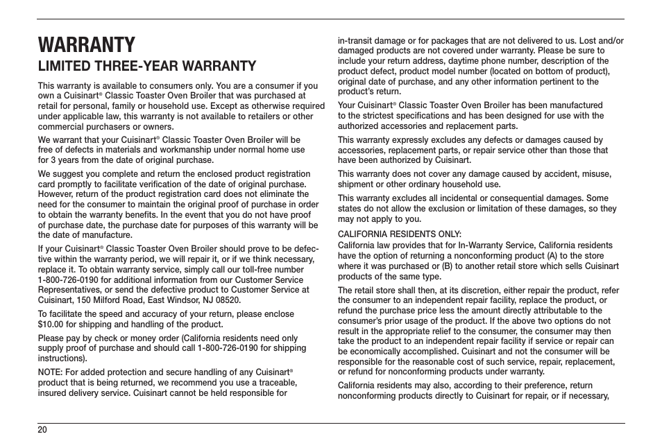 Warranty, Limited three-year warranty | Cuisinart TOB-50 User Manual | Page 22 / 25