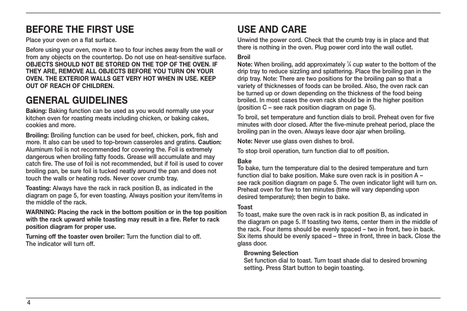 Before the first use, General guidelines, Use and care | Cuisinart TOB-50 User Manual | Page 6 / 25