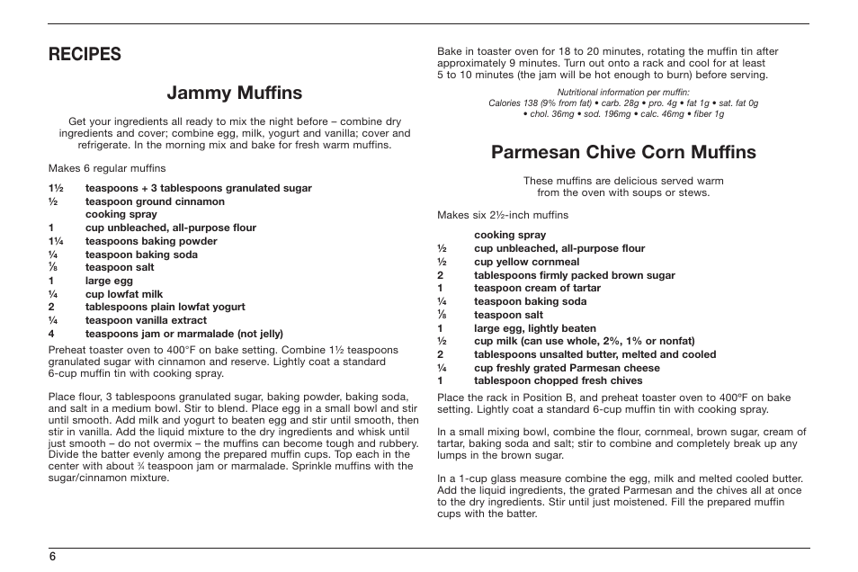 Recipes jammy muffins, Parmesan chive corn muffins | Cuisinart TOB-50 User Manual | Page 8 / 25
