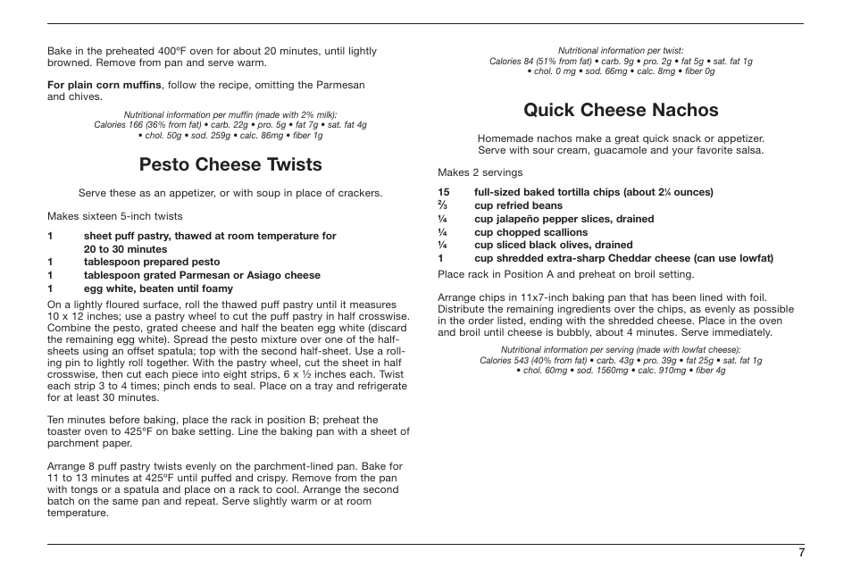 Pesto cheese twists, Quick cheese nachos | Cuisinart TOB-50 User Manual | Page 9 / 25