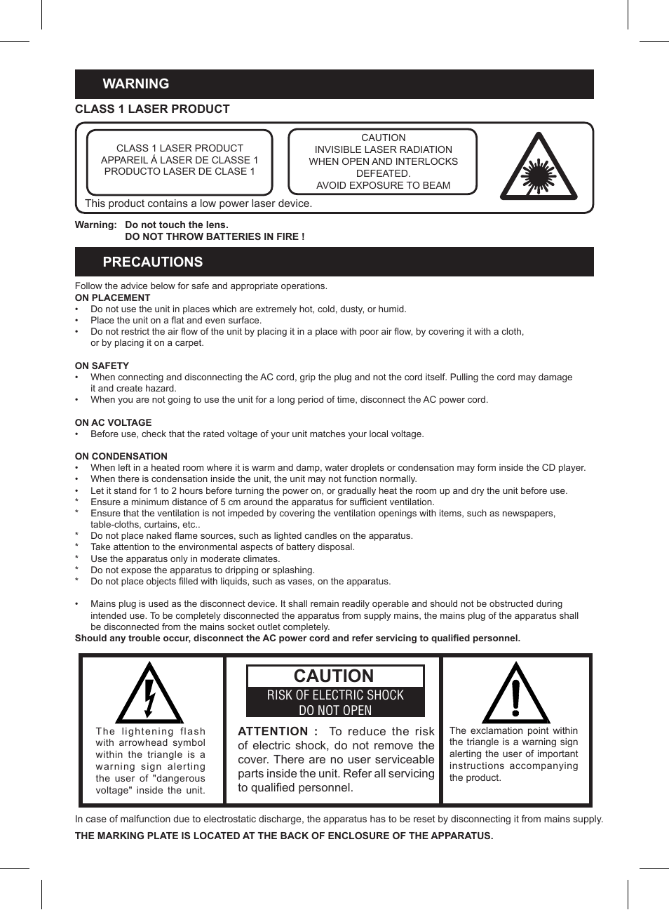 Caution, Warning, Precautions | Risk of electric shock do not open | Lenco SCR-97 USB User Manual | Page 2 / 8