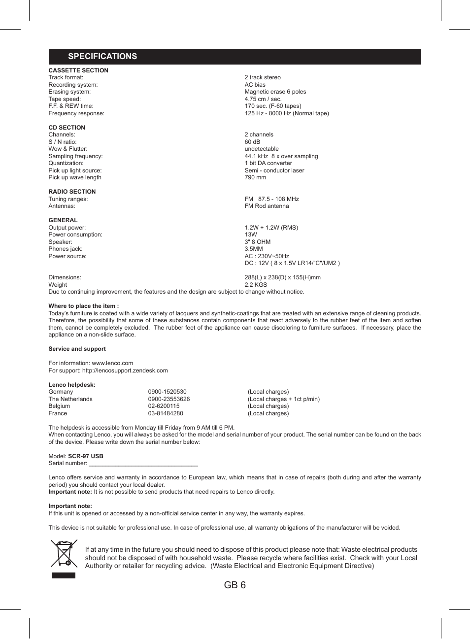 Gb 6, Specifications | Lenco SCR-97 USB User Manual | Page 8 / 8