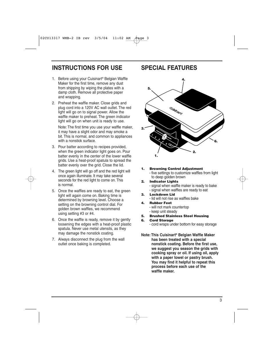 Instructions for use, Special features | Cuisinart WMB-2A User Manual | Page 3 / 8