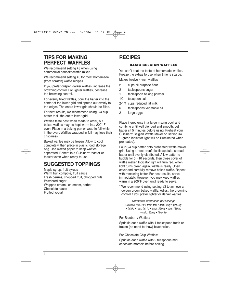 Tips for making perfect waffles, Suggested toppings, Recipes | Cuisinart WMB-2A User Manual | Page 4 / 8