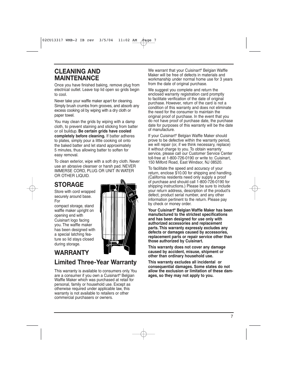 Cleaning and maintenance, Storage, Warranty limited three-year warranty | Cuisinart WMB-2A User Manual | Page 7 / 8