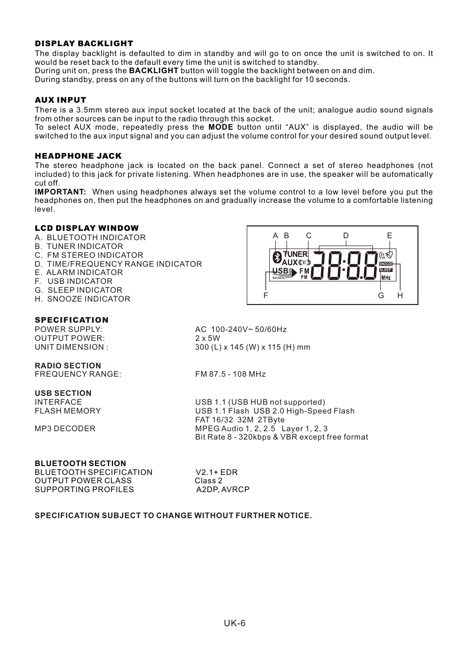 頁面 7, Uk-6 | Lenco SR-03 BT User Manual | Page 7 / 37