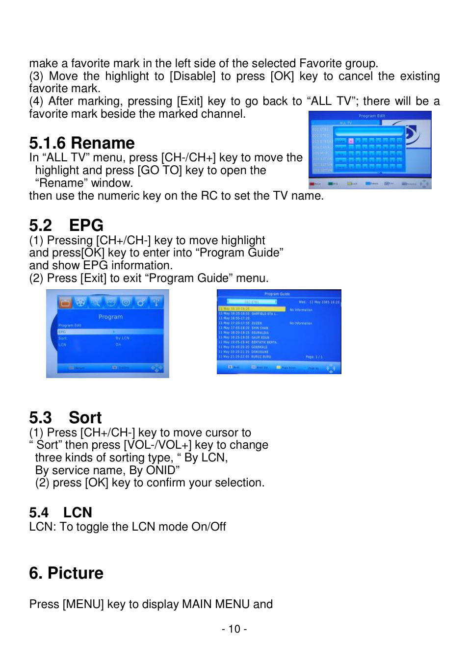 6 rename, 2 epg, 3 sort | Picture | Lenco STB-100 User Manual | Page 11 / 19