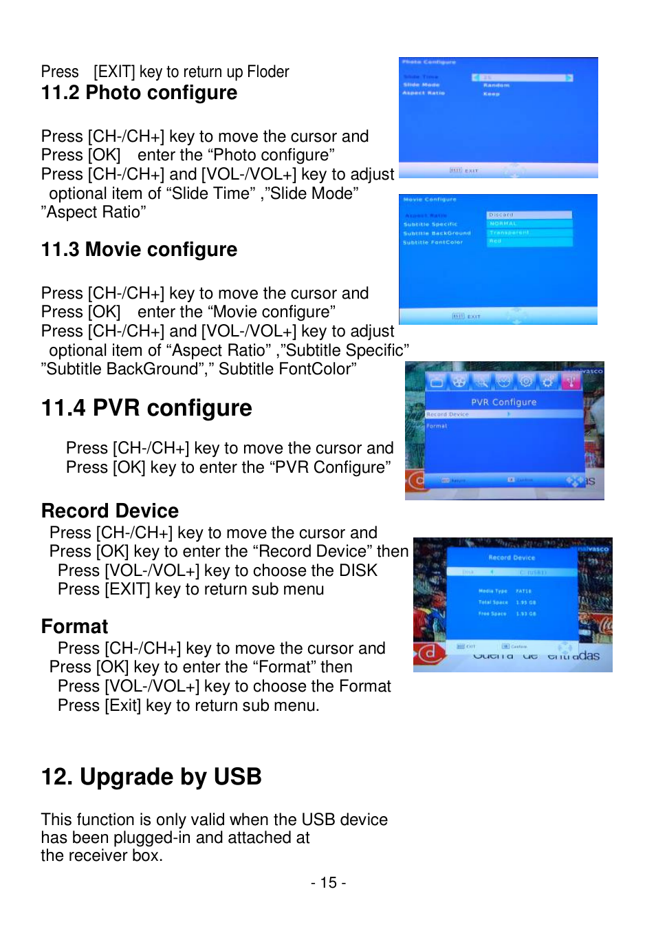 4 pvr configure, Upgrade by usb | Lenco STB-100 User Manual | Page 16 / 19