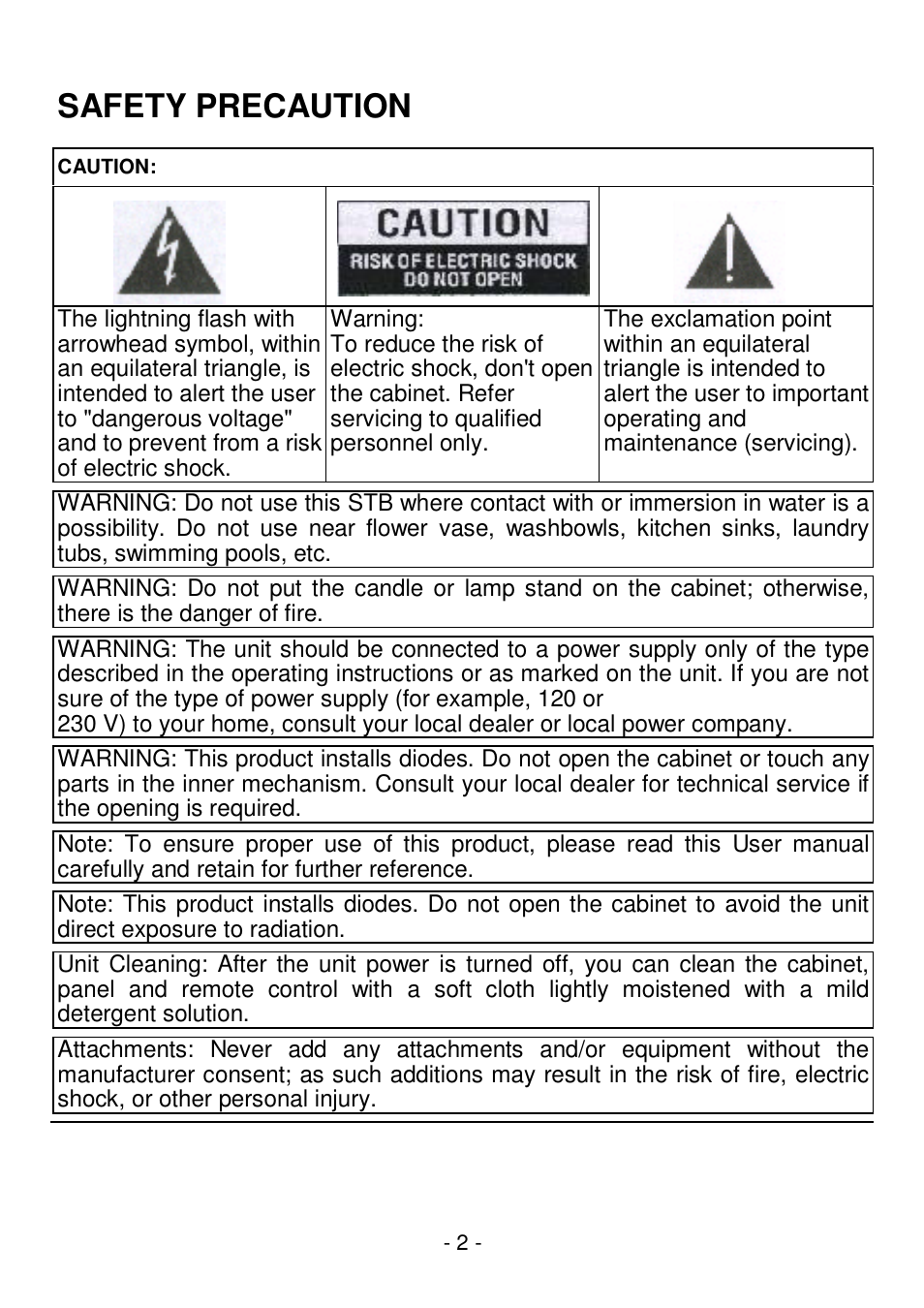 Safety precaution | Lenco STB-100 User Manual | Page 3 / 19