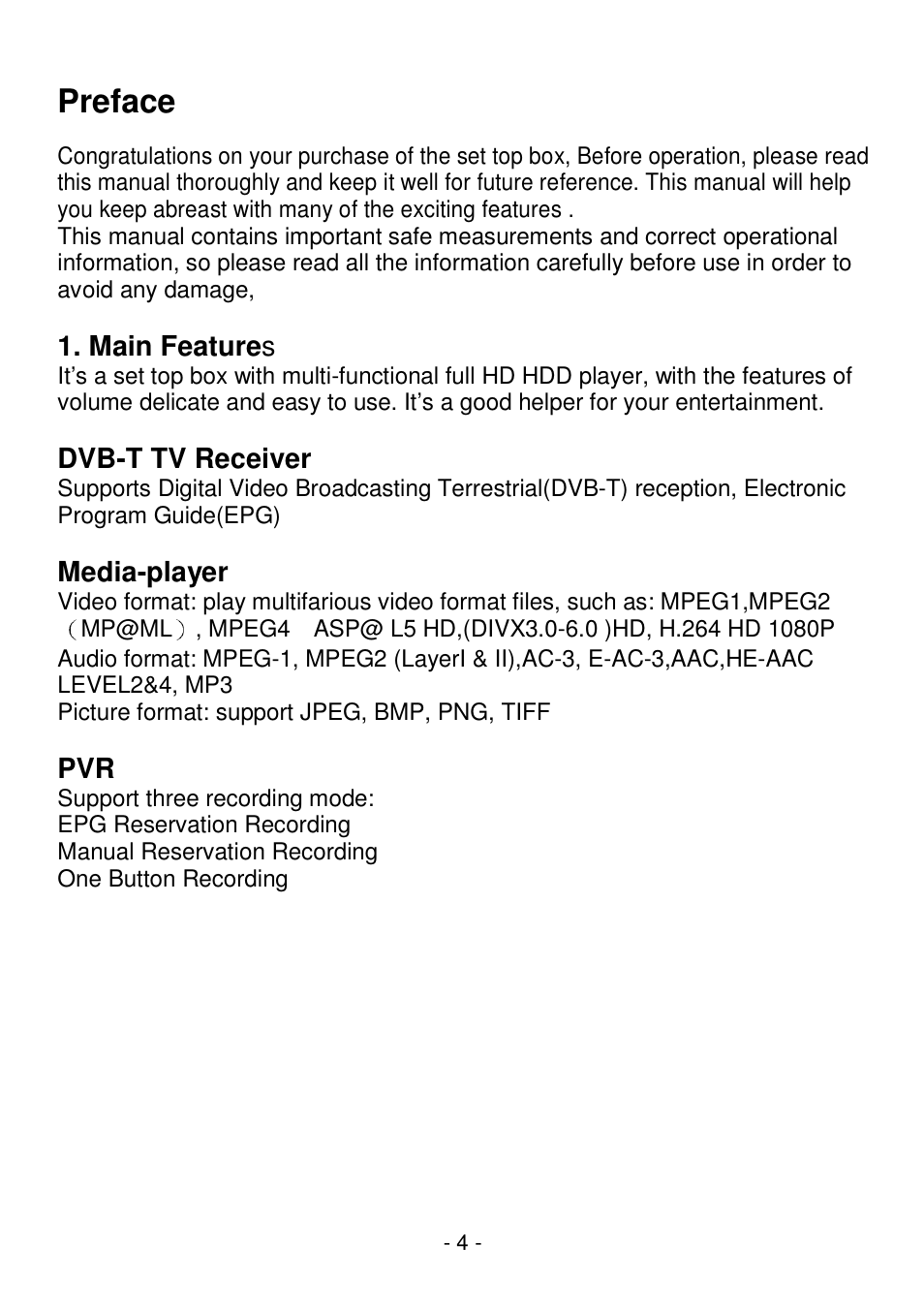 Preface, Main feature s, Dvb-t tv receiver | Media-player | Lenco STB-100 User Manual | Page 5 / 19