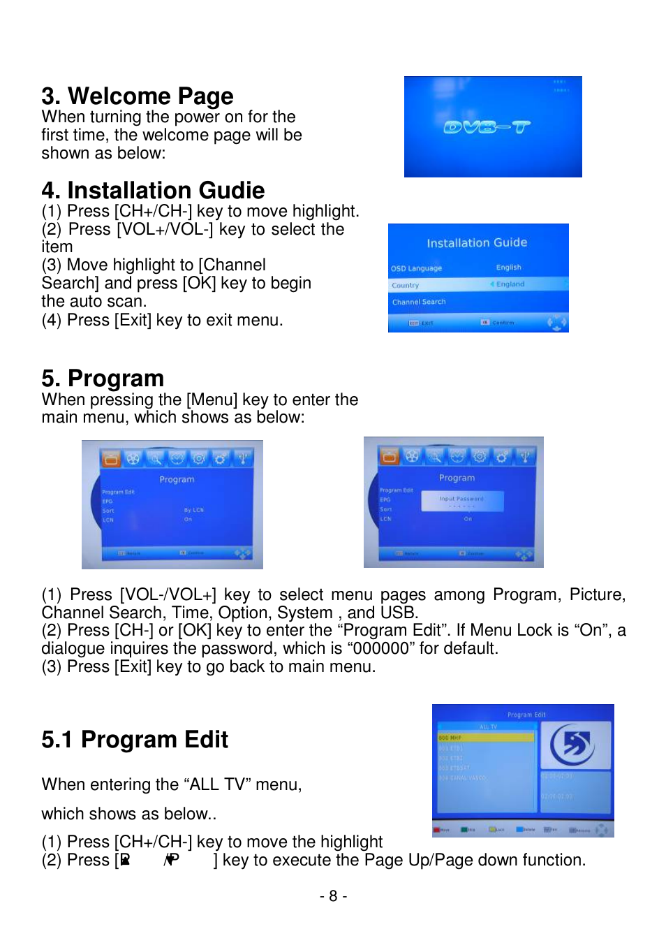 Welcome page, Installation gudie, Program | 1 program edit | Lenco STB-100 User Manual | Page 9 / 19