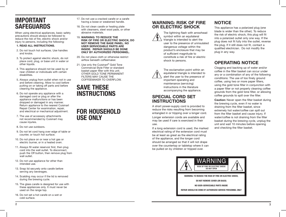 Important safeguards, Save these instructions for household use only, Warning | Warning: risk of fire or electric shock, Special cord set instructions, Notice, Operating notice | Cuisinart BREW CENTRAL DCC-2600C User Manual | Page 2 / 7