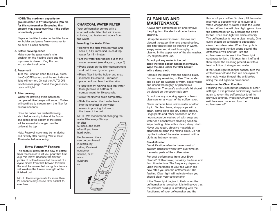 Cleaning and maintenance | Cuisinart BREW CENTRAL DCC-2600C User Manual | Page 5 / 7