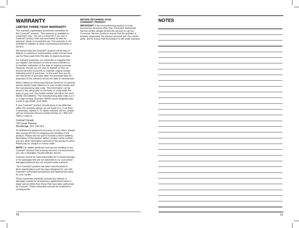 Warranty | Cuisinart BREW CENTRAL DCC-2600C User Manual | Page 6 / 7