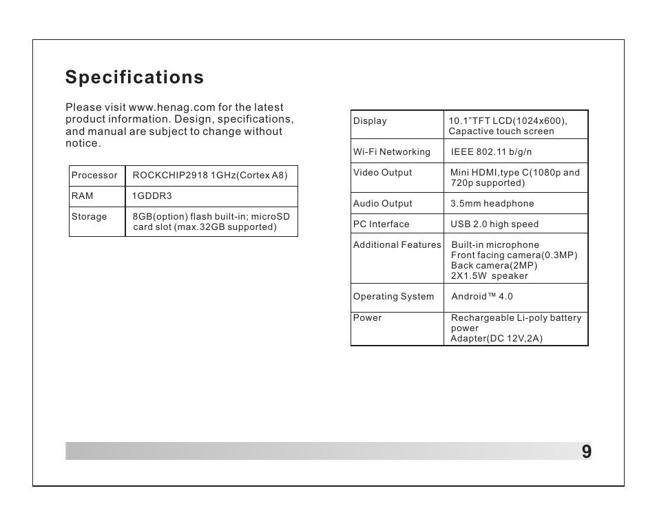 页 10, 9specifications | Lenco TAB-1012 User Manual | Page 10 / 55