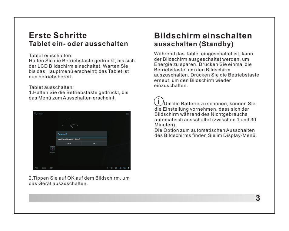Erste schritte, Bildschirm einschalten | Lenco TAB-1012 User Manual | Page 15 / 55