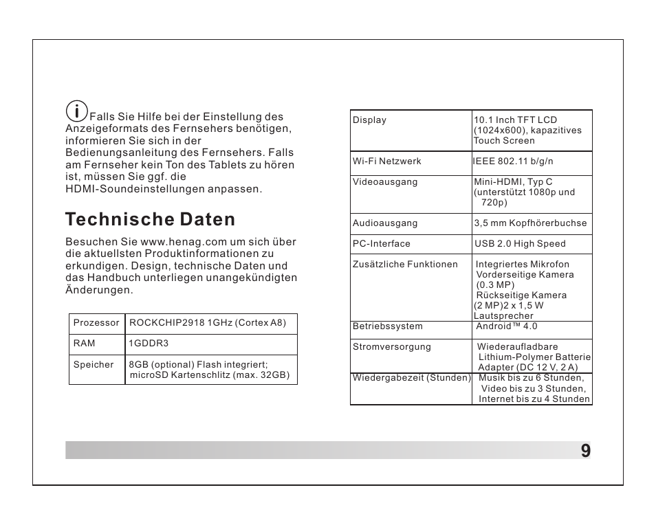 页 10, 9technische daten | Lenco TAB-1012 User Manual | Page 21 / 55