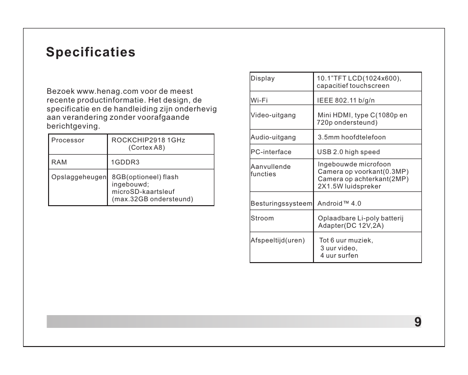 页 10, 9specificaties | Lenco TAB-1012 User Manual | Page 32 / 55