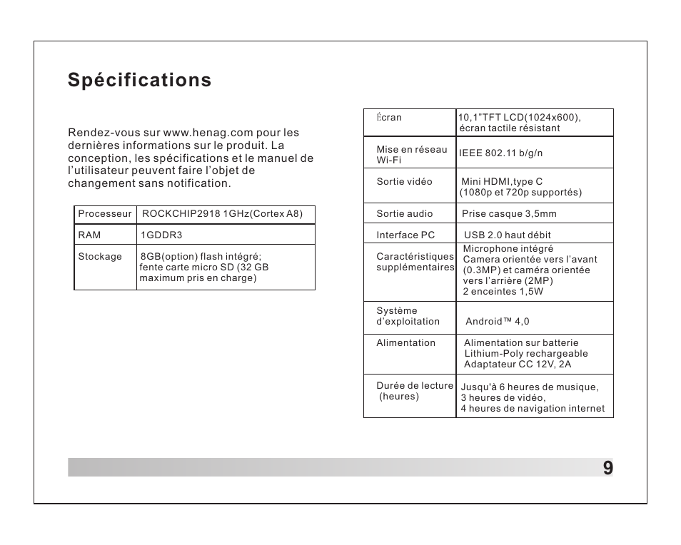 页 10, 9spécifications | Lenco TAB-1012 User Manual | Page 43 / 55