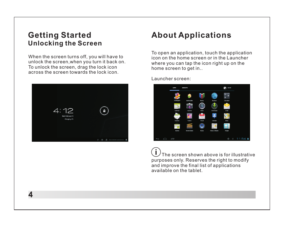 4getting started, About applications | Lenco TAB-1012 User Manual | Page 5 / 55