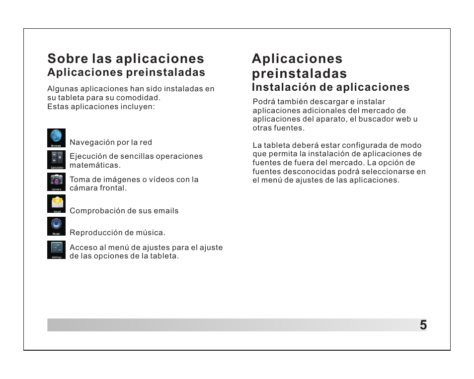 5sobre las aplicaciones, Aplicaciones preinstaladas, Instalación de aplicaciones | Lenco TAB-1012 User Manual | Page 50 / 55