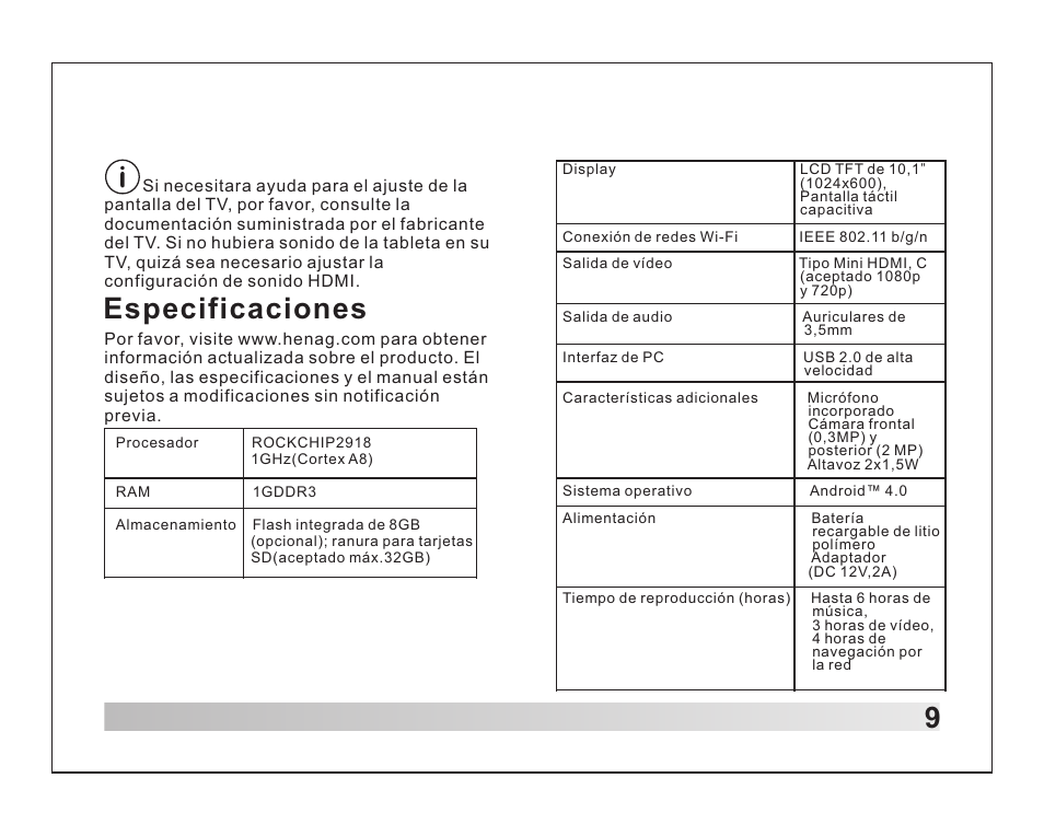 页 10, 9especificaciones | Lenco TAB-1012 User Manual | Page 54 / 55