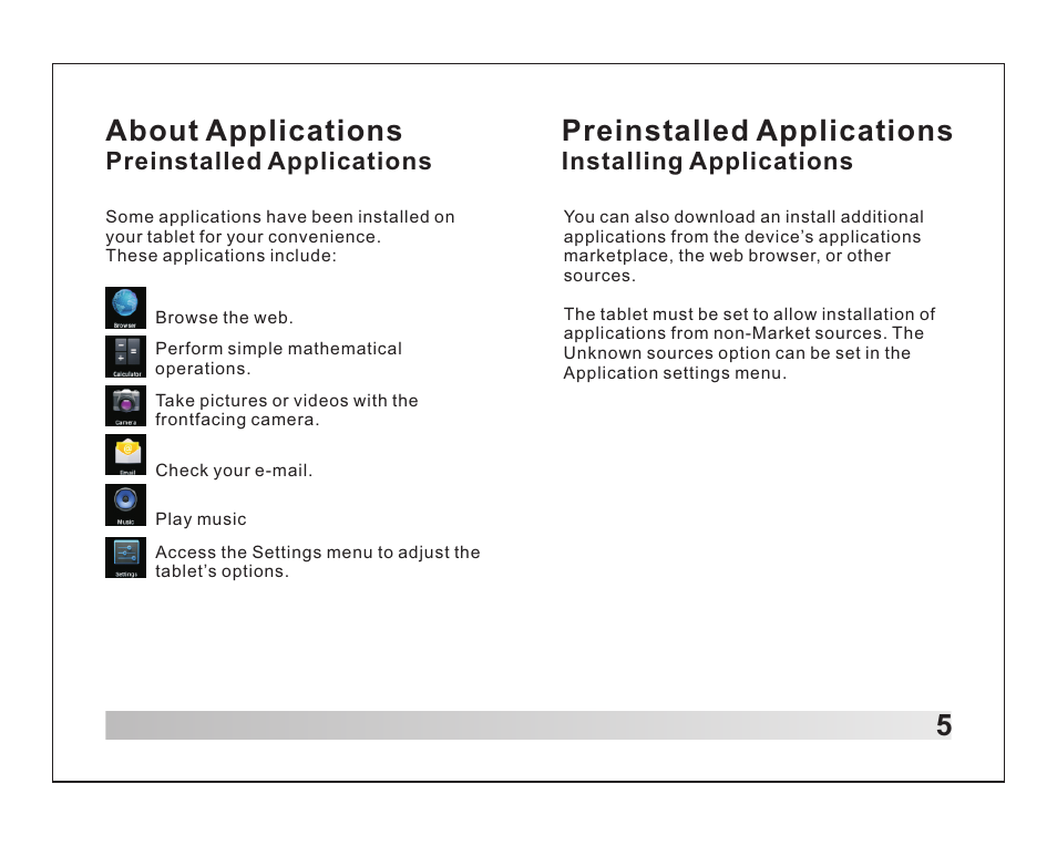 5about applications, Preinstalled applications, Installing applications | Lenco TAB-1012 User Manual | Page 6 / 55