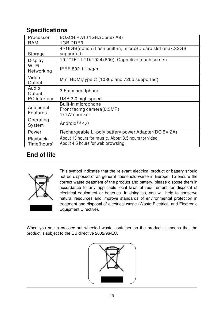 Specifications, End of life | Lenco TAB-1013 User Manual | Page 13 / 13