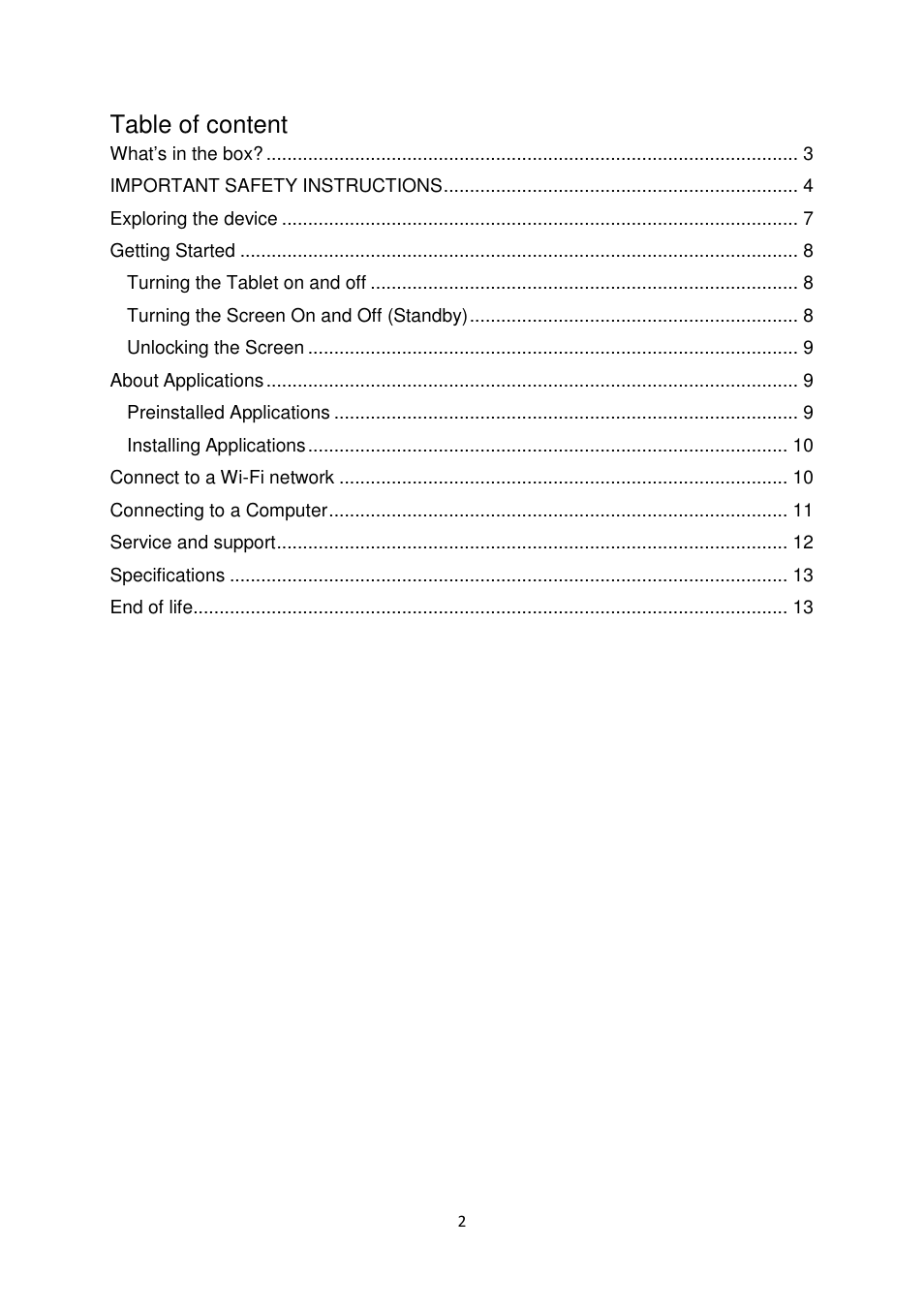 Table of content | Lenco TAB-1013 User Manual | Page 2 / 13