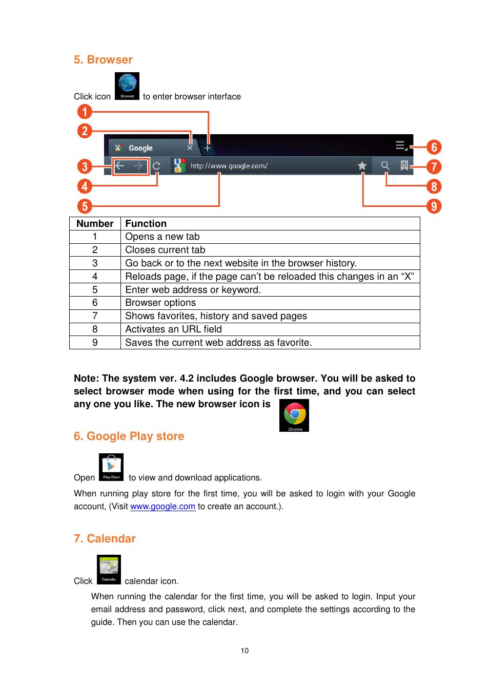 Browser, Google play store, Calendar | Store | Lenco TAB-1022 User Manual | Page 10 / 111