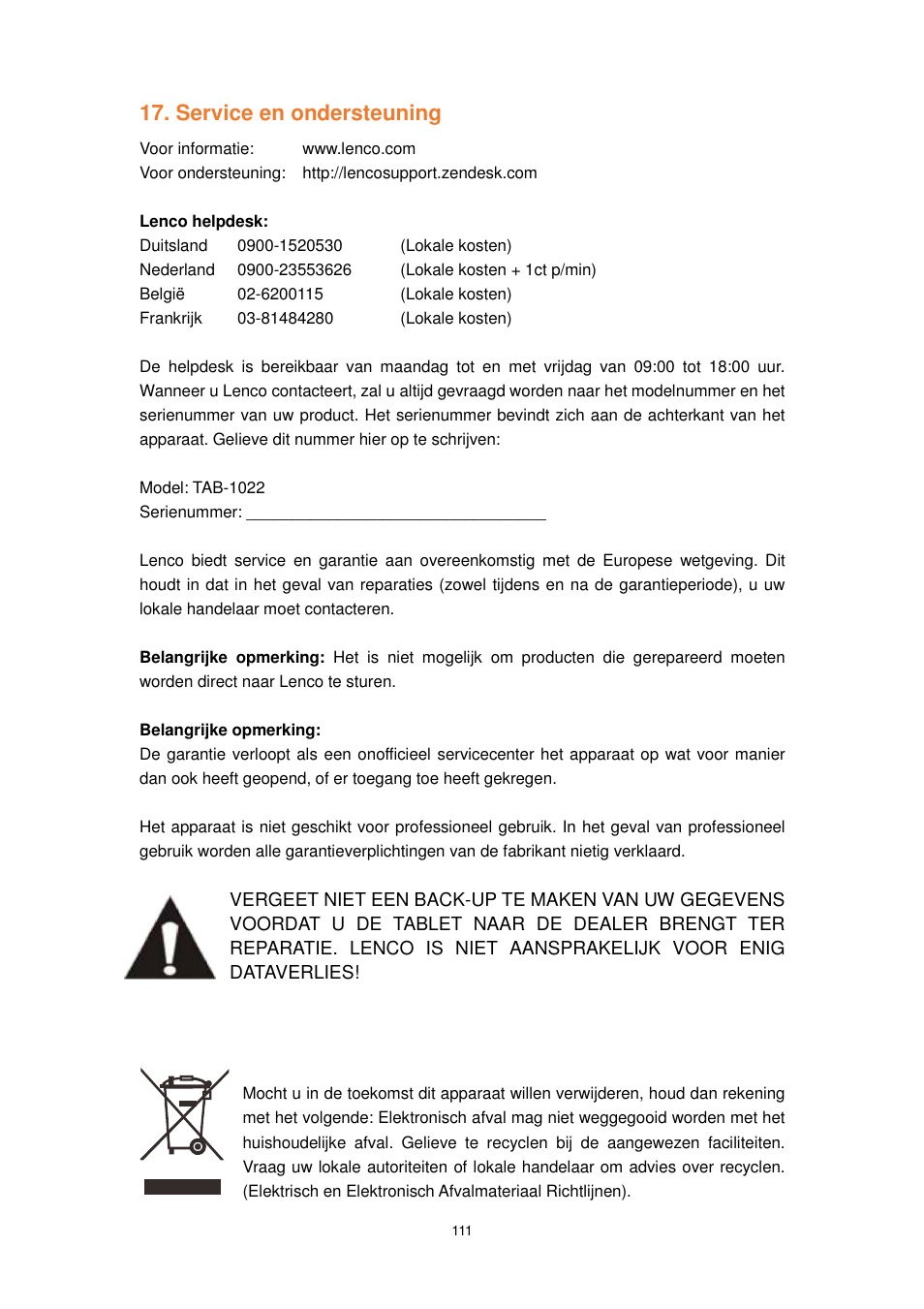 Service en ondersteuning | Lenco TAB-1022 User Manual | Page 111 / 111