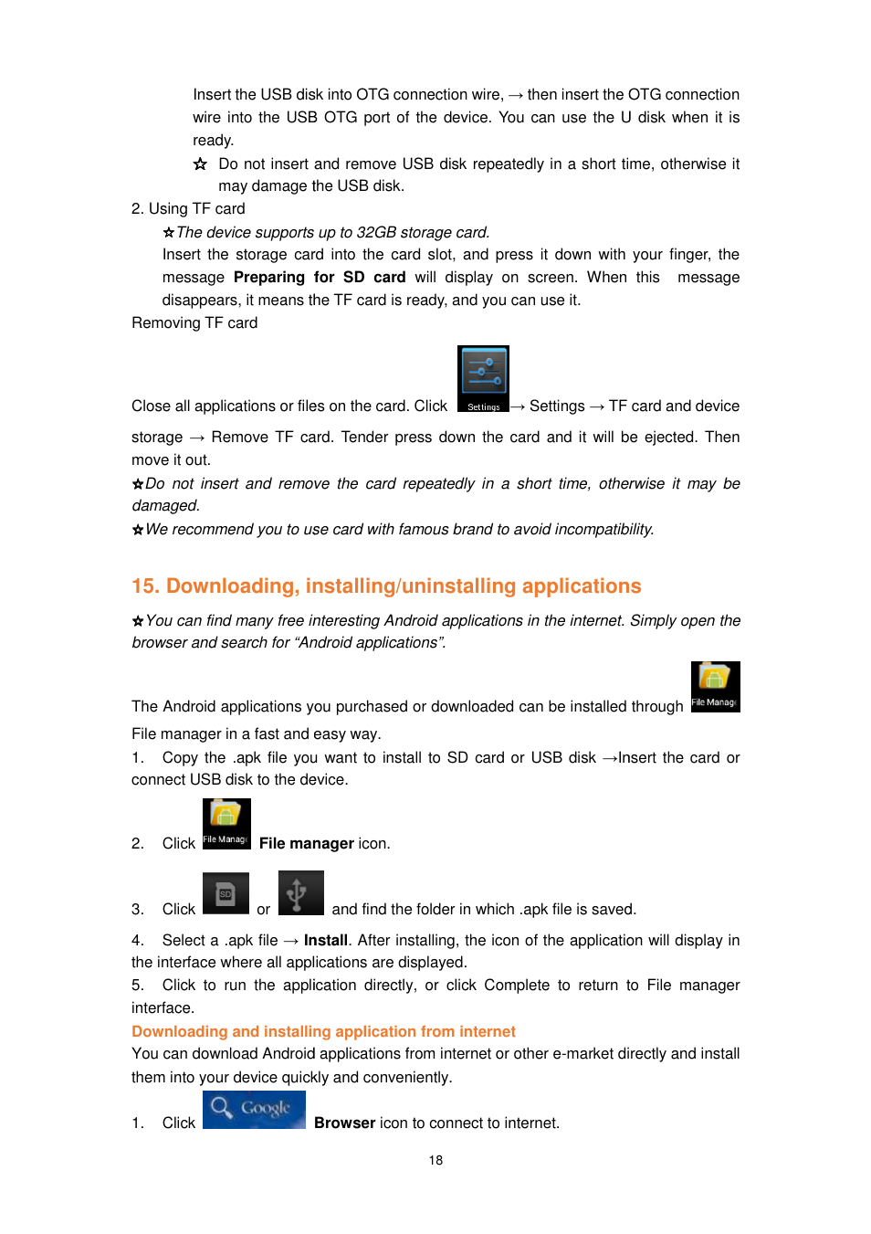 Downloading, installing, Installing/uninstalling applications, Installing applications | Lenco TAB-1022 User Manual | Page 18 / 111