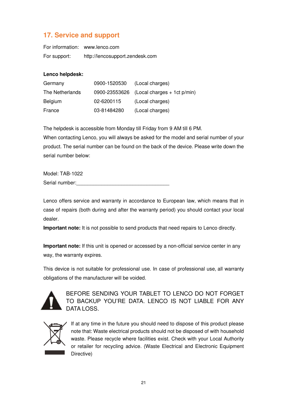 Service and support | Lenco TAB-1022 User Manual | Page 21 / 111