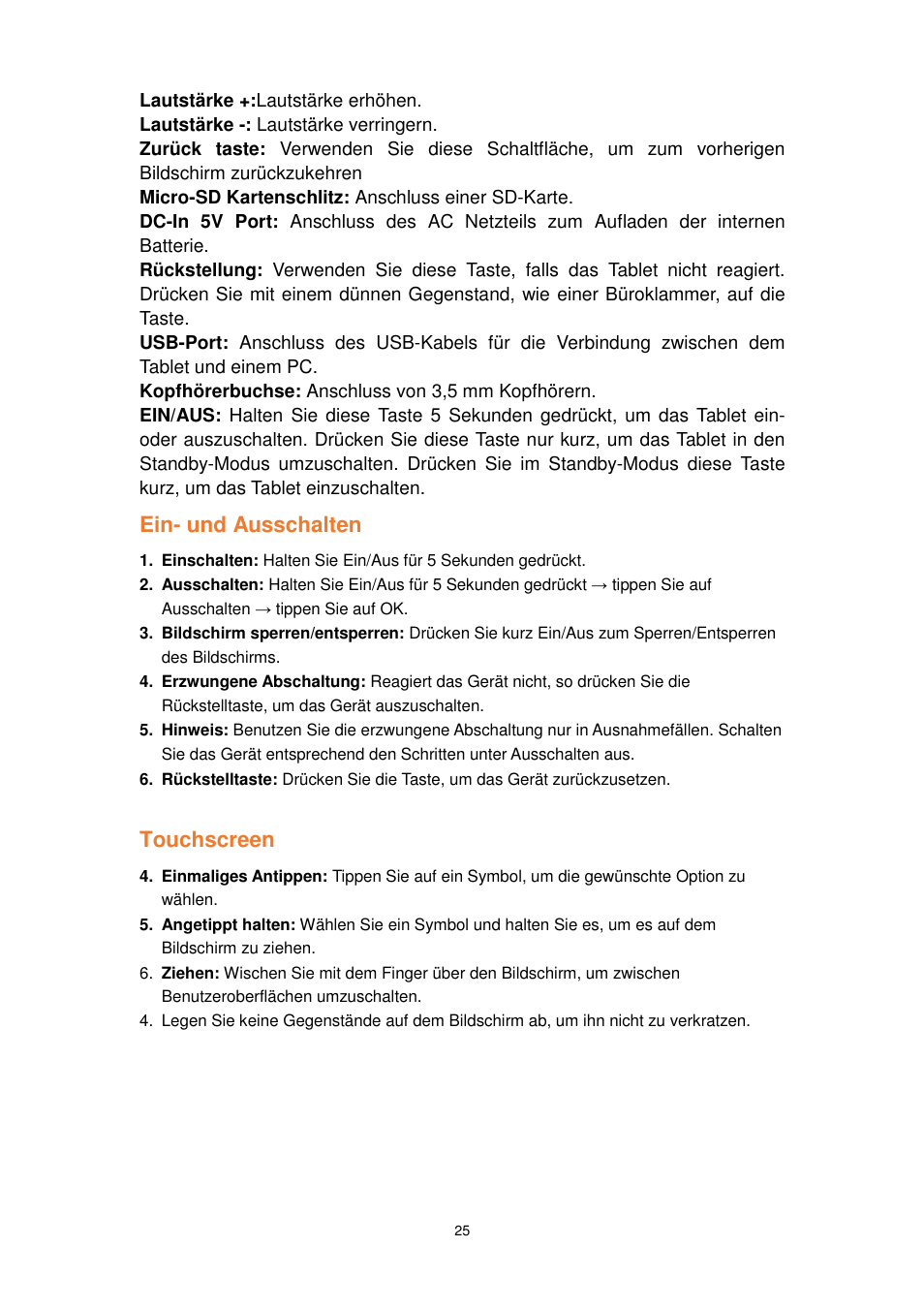 Ein- und ausschalten, Touchscreen | Lenco TAB-1022 User Manual | Page 25 / 111