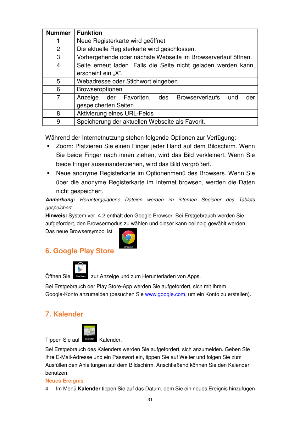 Google play store, Kalender, Play store | Lenco TAB-1022 User Manual | Page 31 / 111