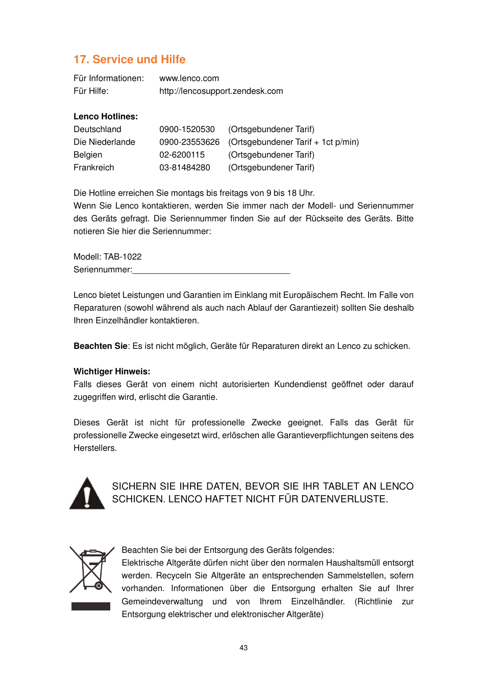 Service und hilfe | Lenco TAB-1022 User Manual | Page 43 / 111
