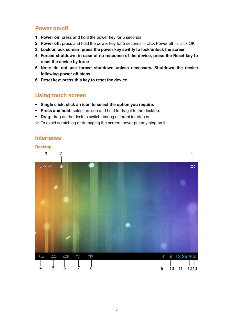 Power on/off, Using touch screen, Interfaces | Lenco TAB-1022 User Manual | Page 5 / 111