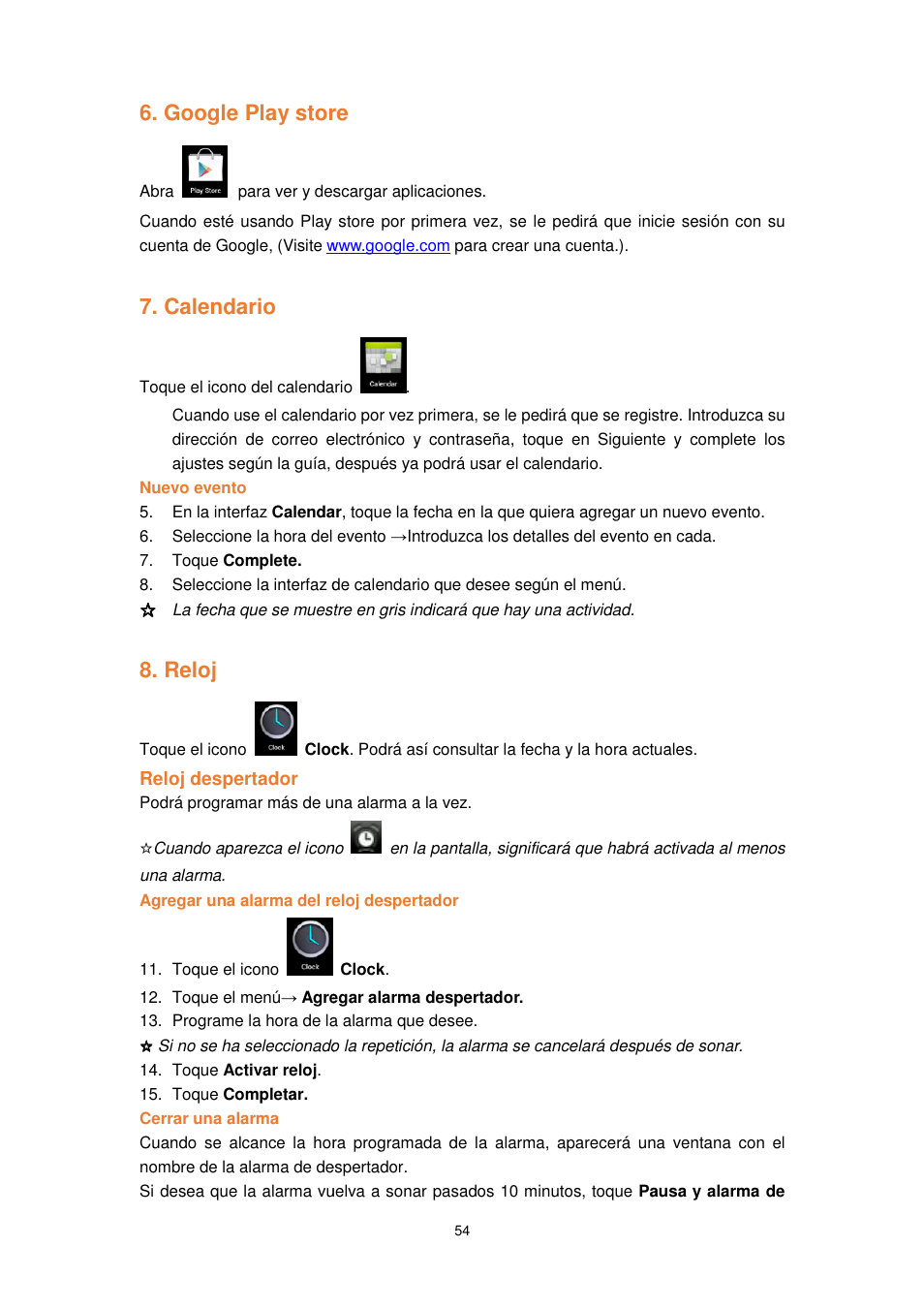 Google play store, Calendario, Reloj | Play store | Lenco TAB-1022 User Manual | Page 54 / 111
