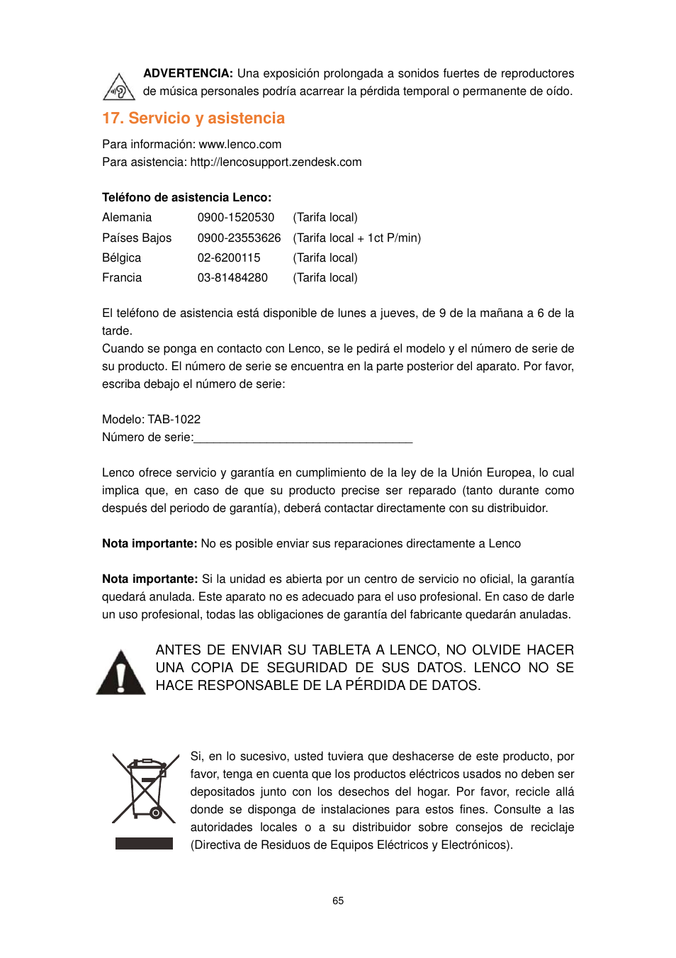Servicio y asistencia | Lenco TAB-1022 User Manual | Page 65 / 111