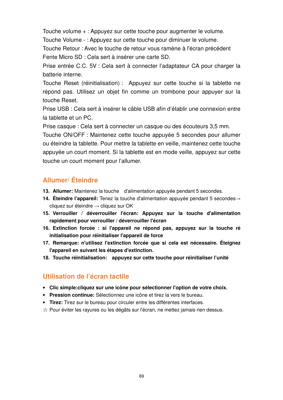 Allumer/ éteindre, Utilisation de l’écran tactile | Lenco TAB-1022 User Manual | Page 69 / 111